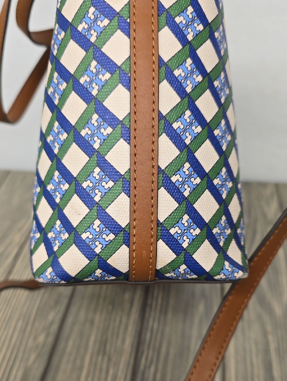 Tory Burch Tote Bag with Blue Green Lattice Pattern and Brown Trim - Picture 7 of 12